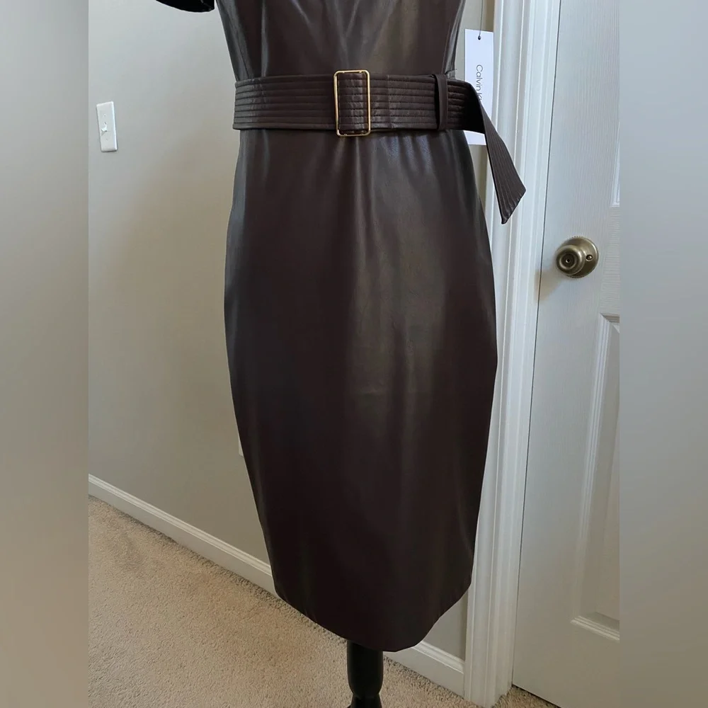 NWT Calvin Klein Belted Faux Leather Sheath Dress - Espresso Brown - Picture 5 of 16